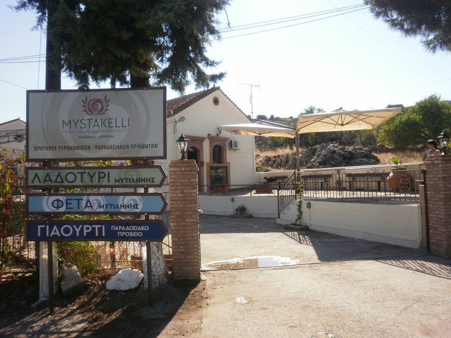 front view of entrance 'Mystakelli Dairy' store and panels that says their dairy products